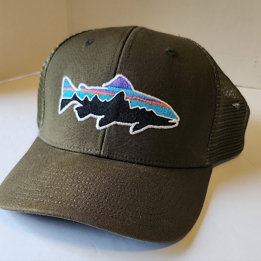 Patagonia Olive Green Trucker Hat with Fish Logo